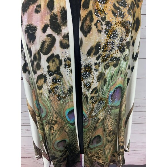 Reina Peacock & Animal Print Sleeveless Cardigan‎ Open Knit Detail Size Large - Picture 6 of 13